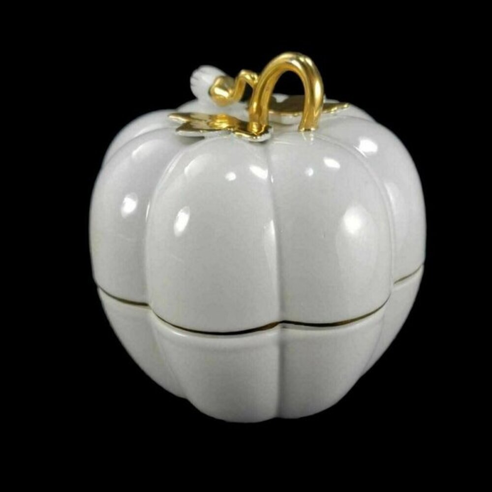 Autumn Fall White Porcelain Pumpkin Gold Vine‎ Shape Candy Dish Andrea by Sadek